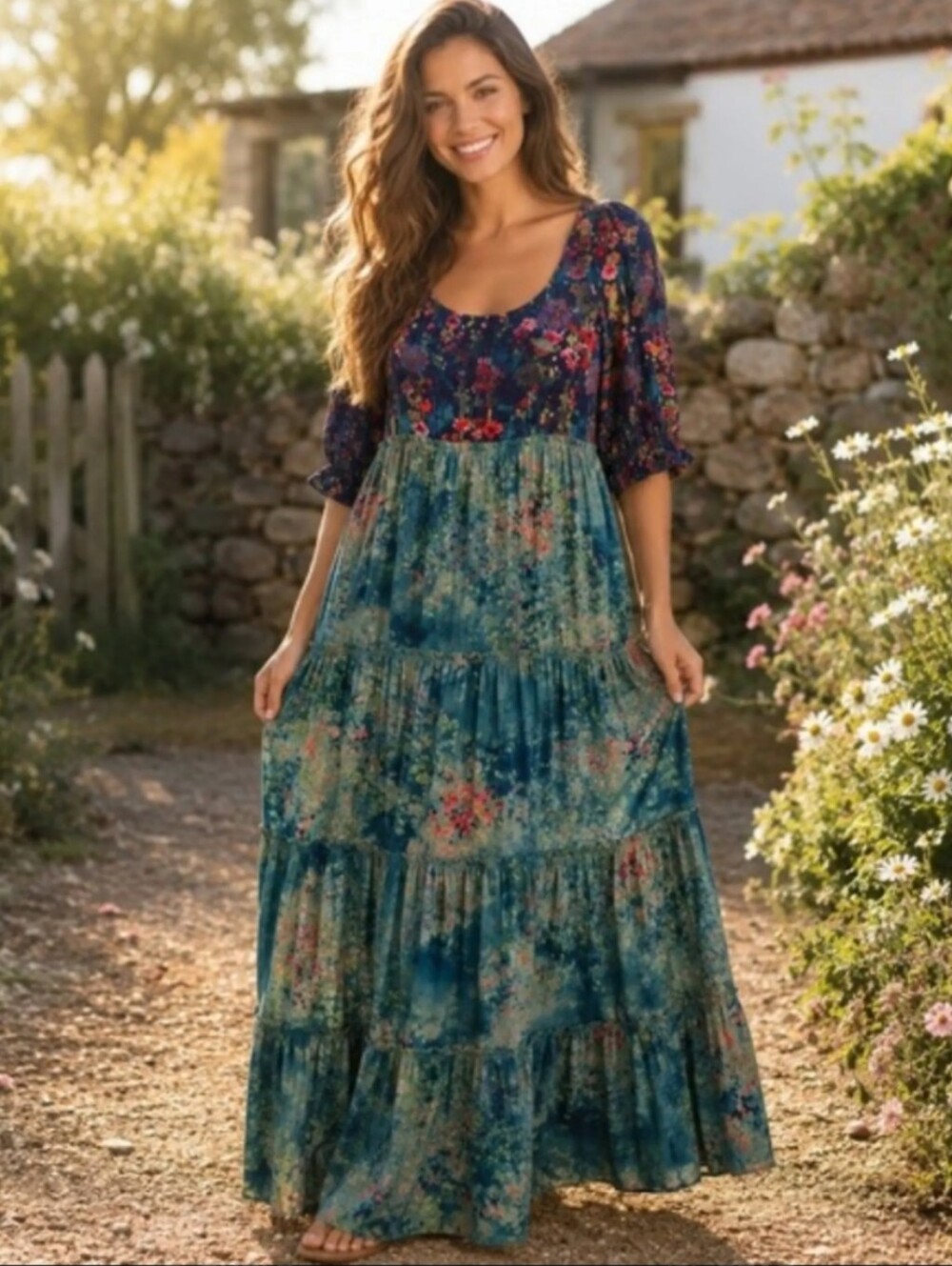 Natural Life collette tiered maxi dress navy turquoise floral
